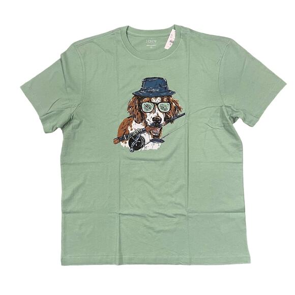 NWT J. Crew Men's Green W/Fishing Dog Graphic Tee - Picture 1 of 11